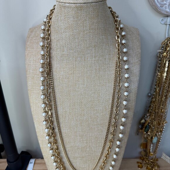 Ann Taylor Long Layered Gold-Tone Necklace With Faux Pearl Accents - Picture 7 of 15